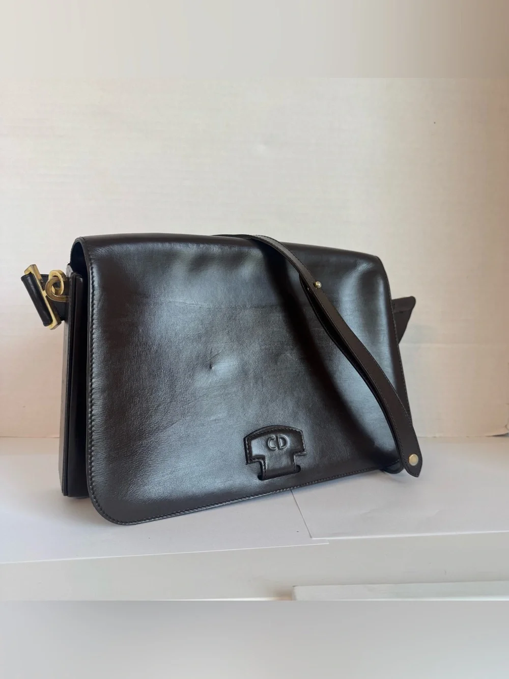 Authentic Christian Dior Large Shoulder Purse Bag Dark Brown Leather Structured